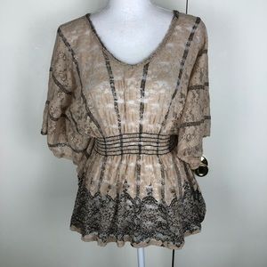 LAFIANCE WOMENS SHEER LACE BATWING TOP SZ MED